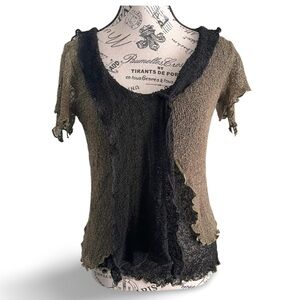 Vintage Y2K Black Green Earth Tone Mesh Knit Top Fairy Grunge Witchy Layering